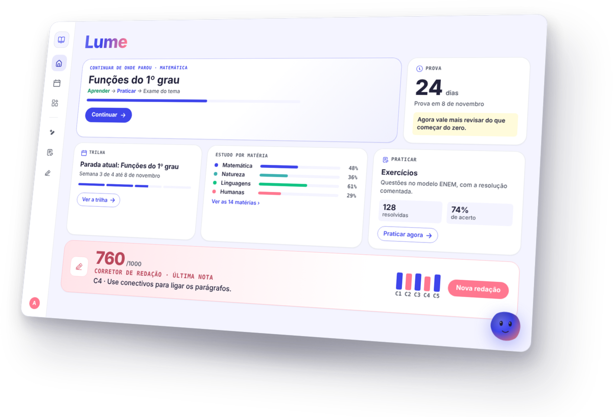 Lume: trilha, matérias, exercícios e nota da redação