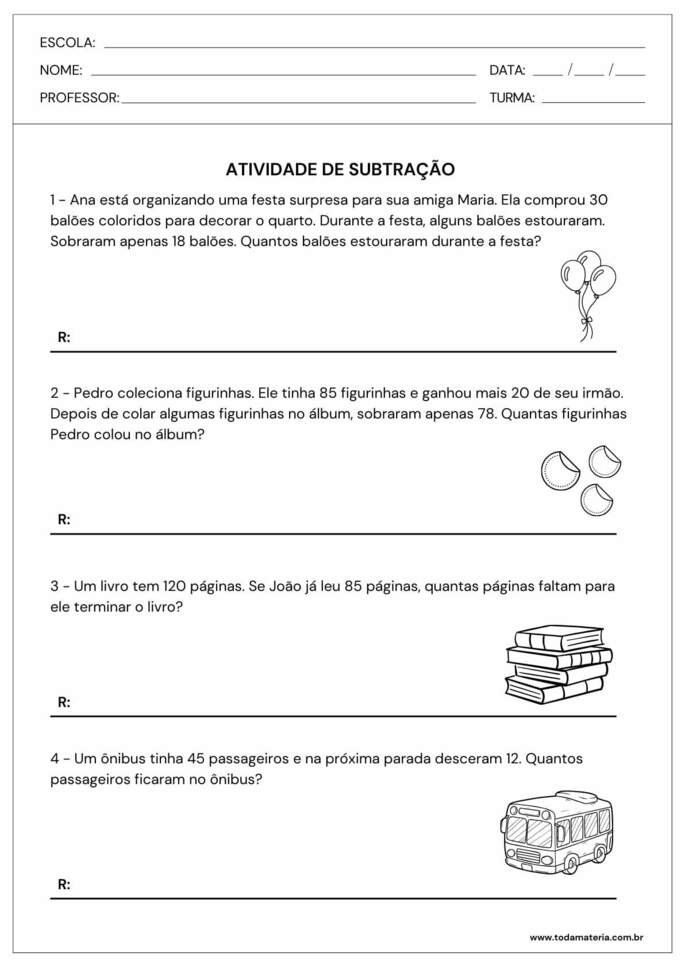 Folha de atividade de subtração