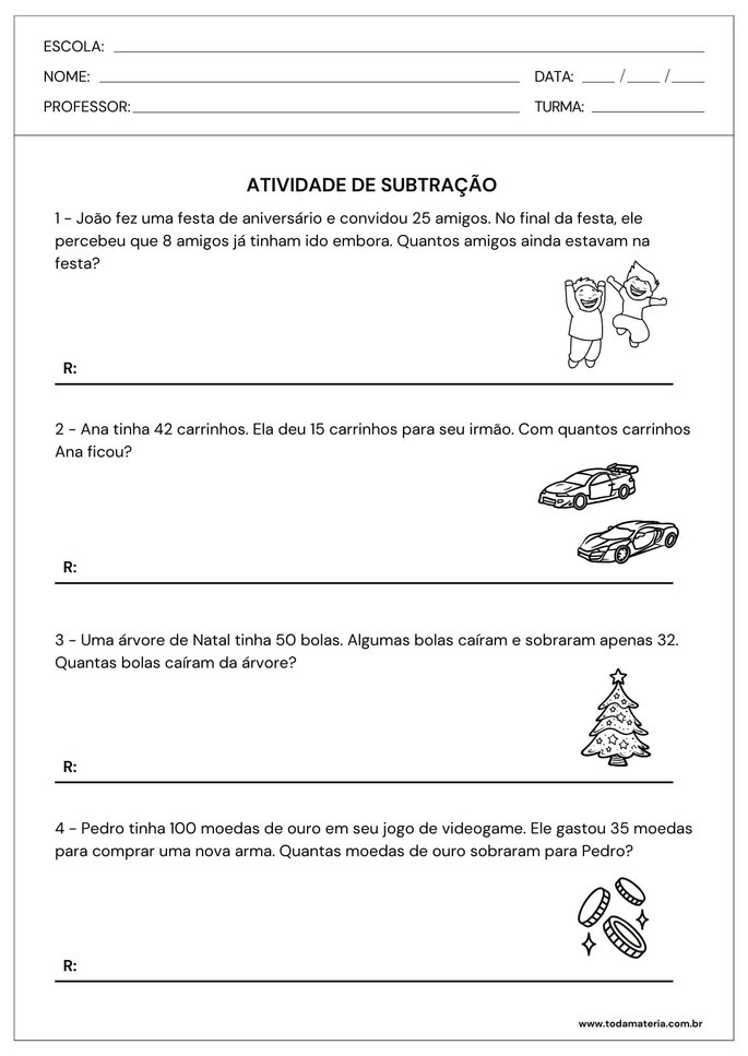 Folha de atividade de subtração