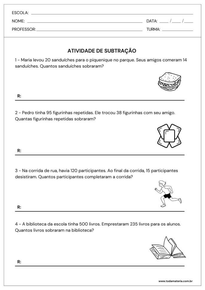 Folha de atividade de subtração