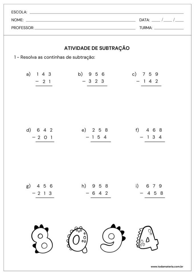 Folha de atividade de subtração